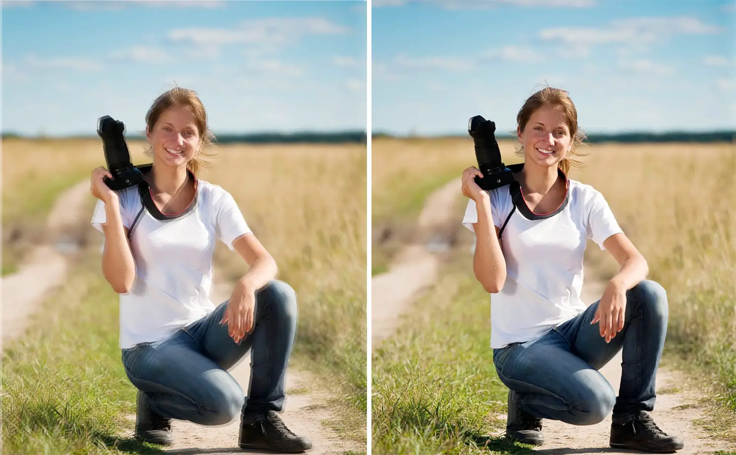 A woman holding a camera in a one-knee bend pose in a grassy field