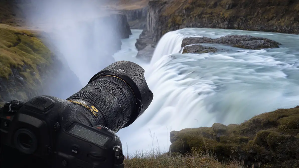 black camera in a falls