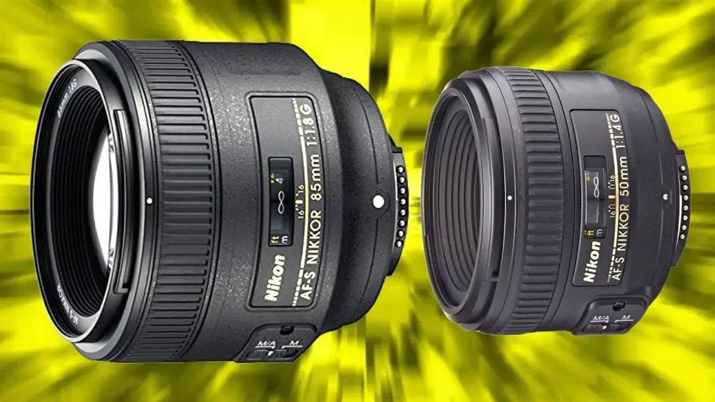 Close-up view and side view of Nikon lenses