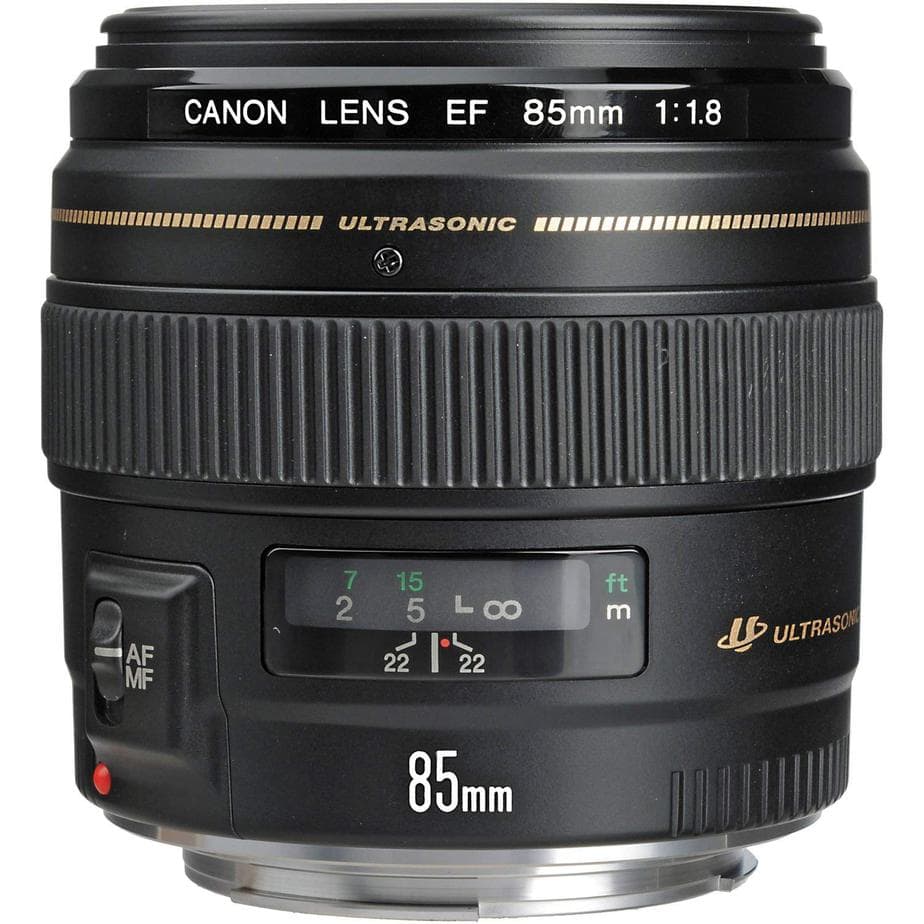 black Canon EF 85mm f/1.8 lens with white background