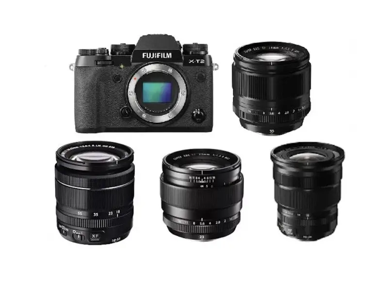 Black fujifilm camera and lens with white background