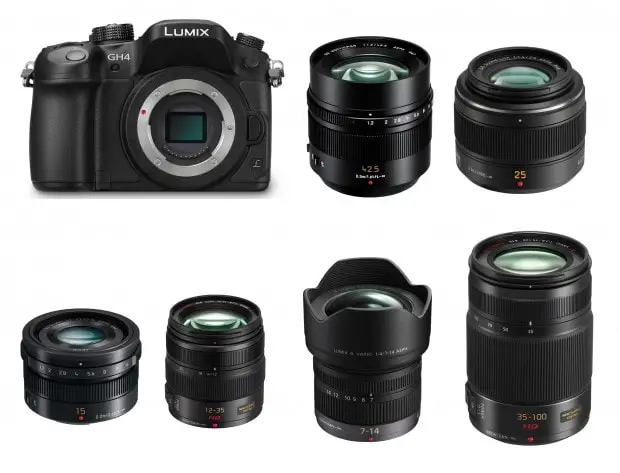 Panasonic lumix GH4 camera and the 5 different lenses.