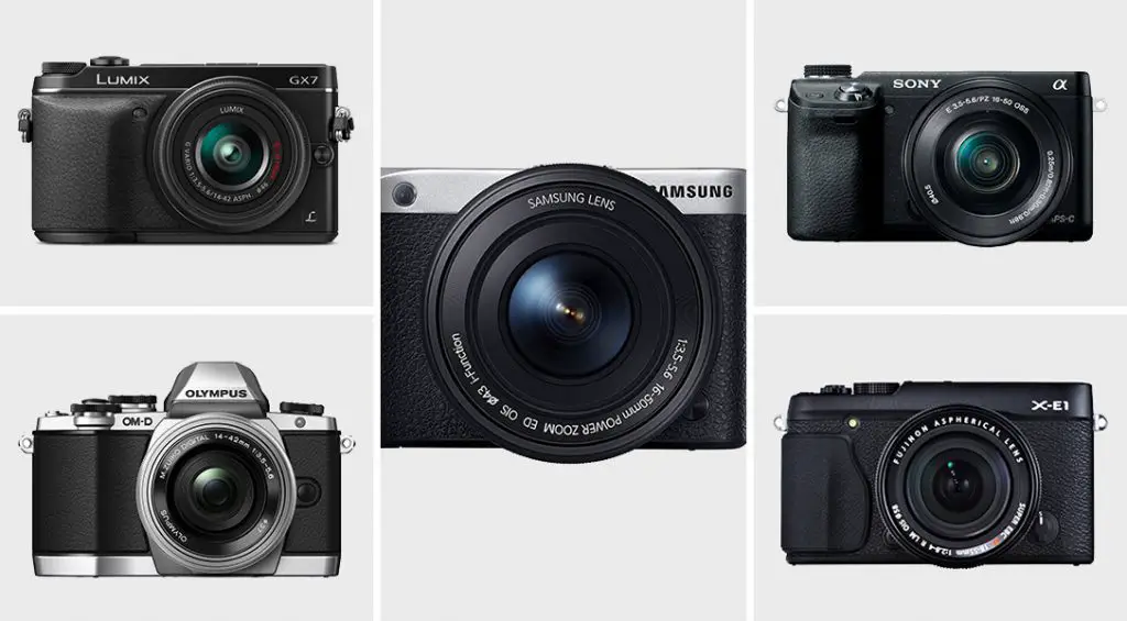 five different black camera on a white background