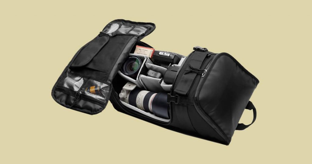 Chrome niko backpack with camera, lenses, and accessories
