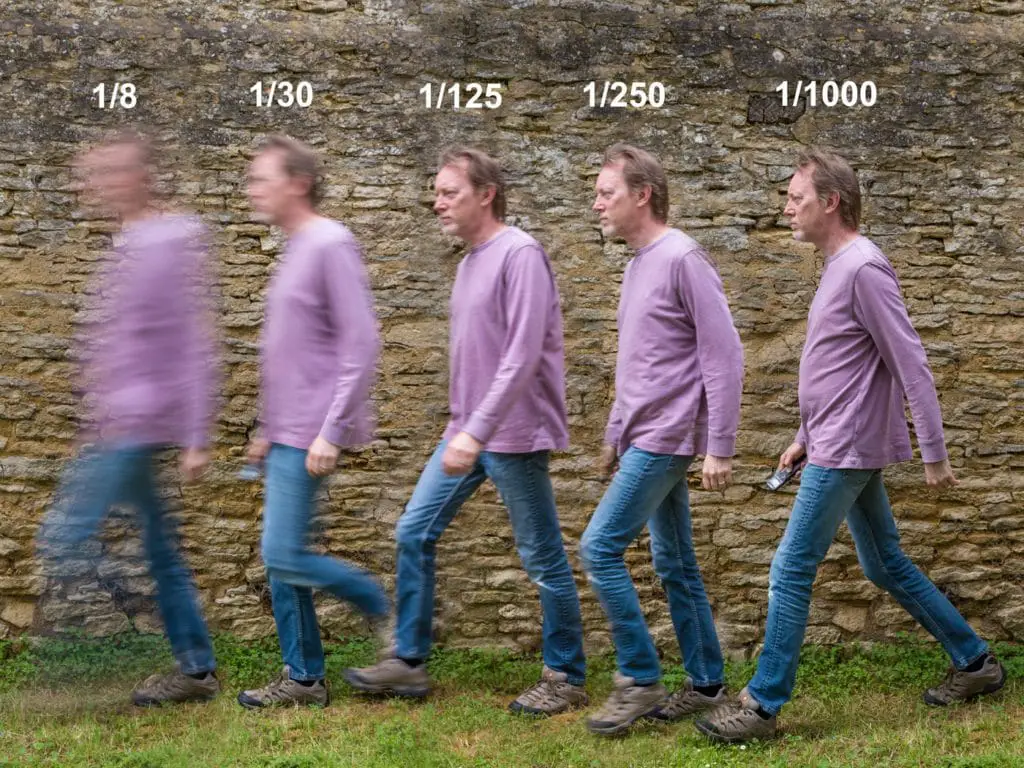 walking man wearing purple in different shutter speed