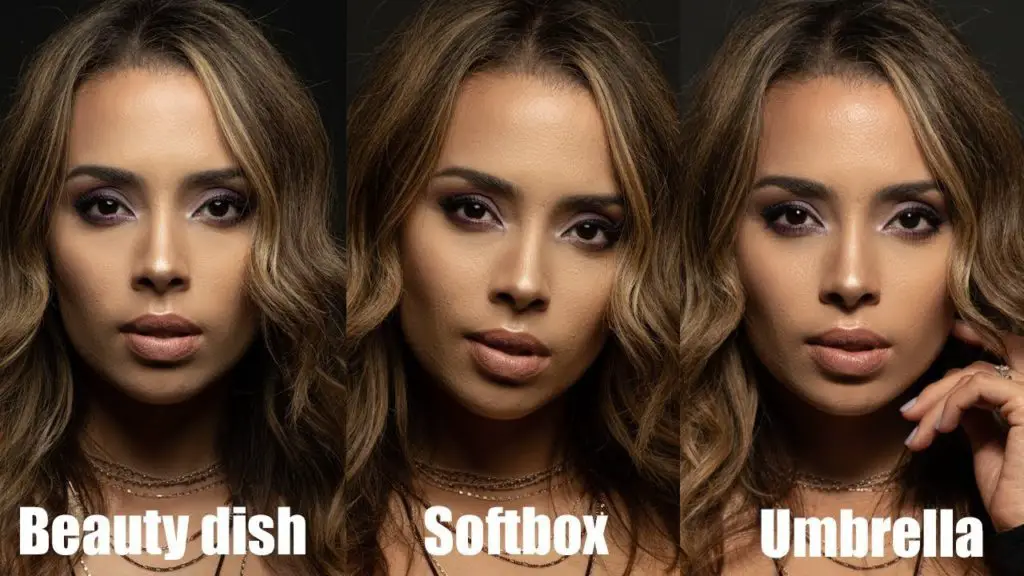 Difference between shots taken with beauty dish, softbox, and an umbrella