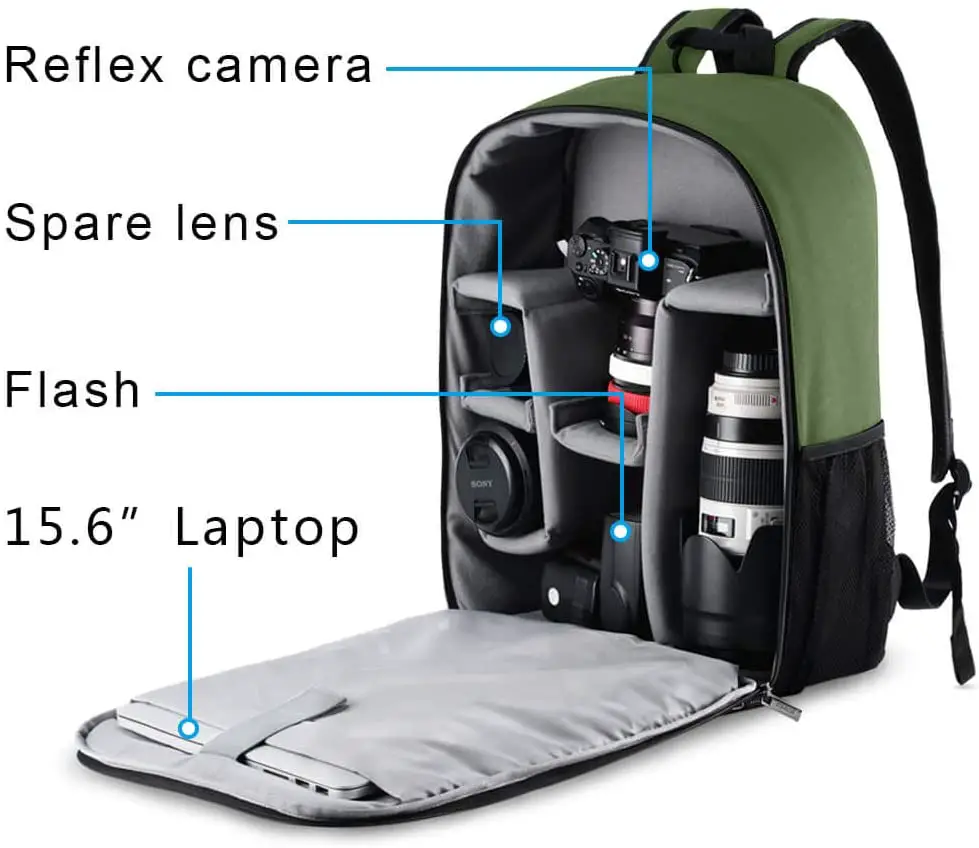 Camera, accessories, and a laptop are all packed into the bag