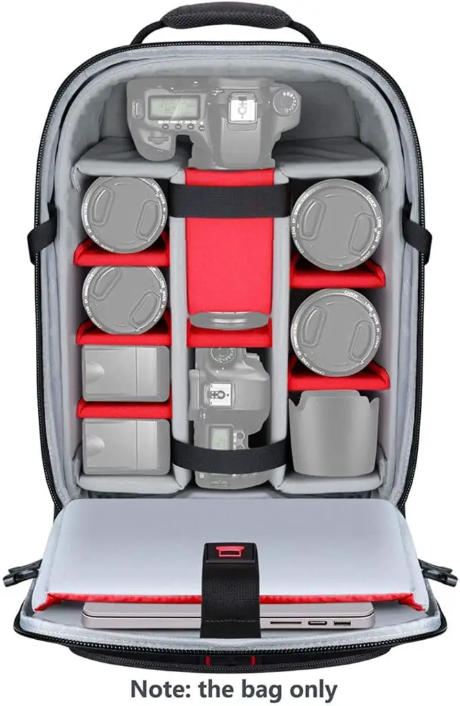 Camera, accessories and laptop compartmentalize by pads inside the camera bag.