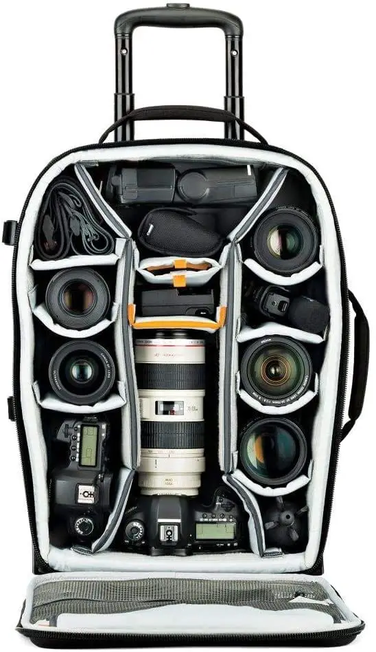 Camera and accessories compartmentalize by pads inside the camera bag.
