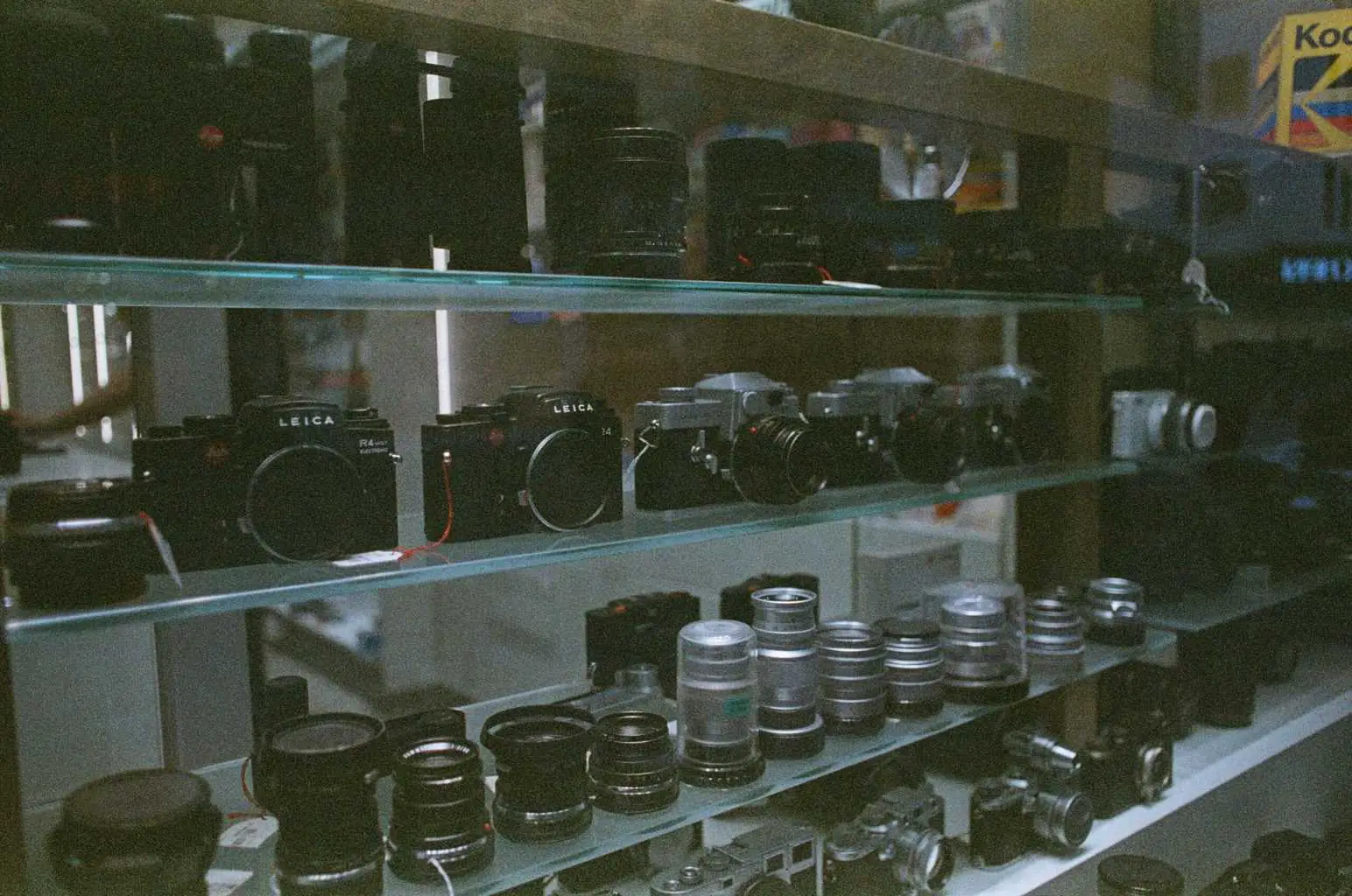 A photo showing a collection of vintage cameras