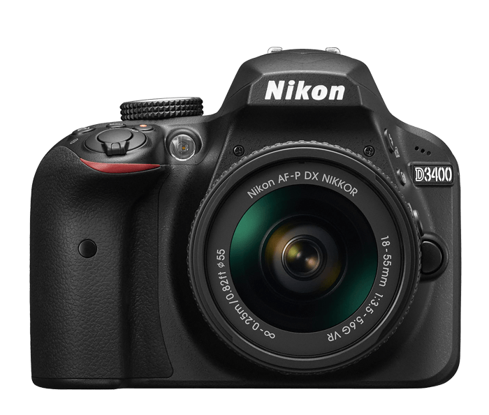 black Nikon D3400 camera with white background