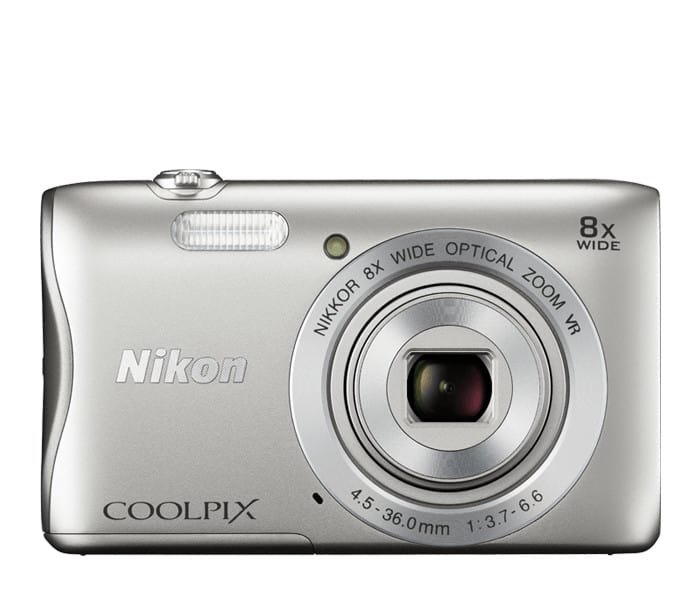 silver Nikon Coolpix S3700 camera with white background