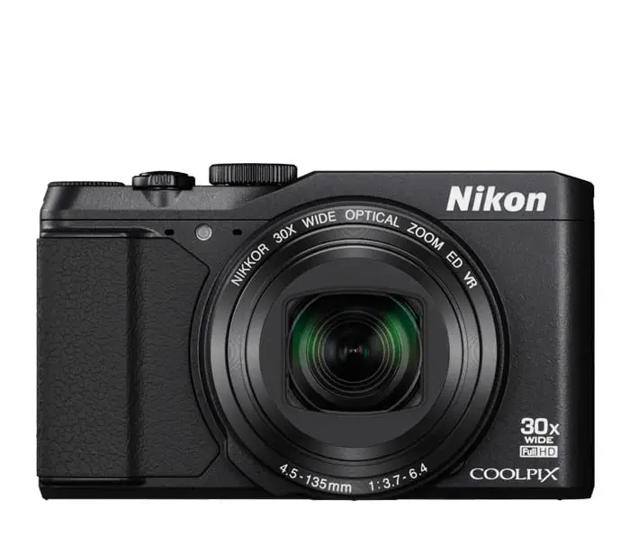 black Nikon Coolpix S9900 camera with white background