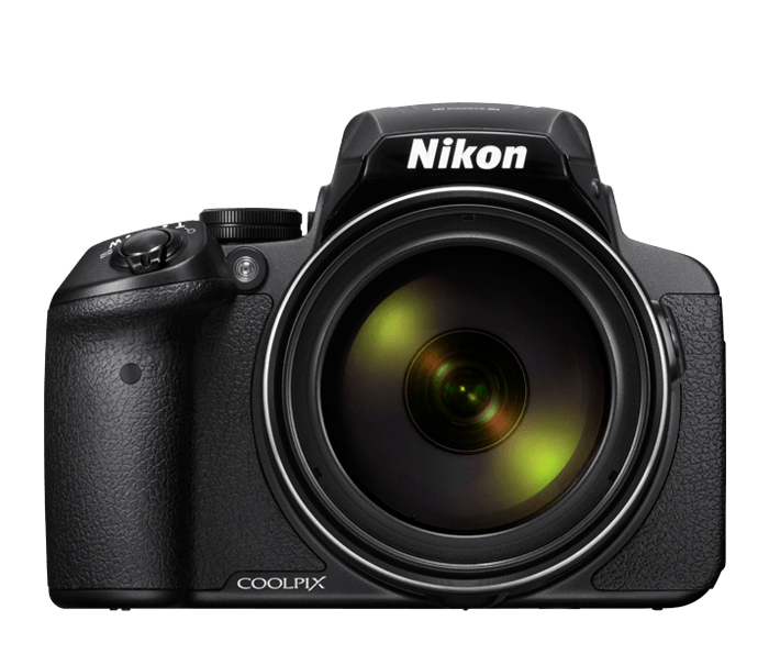 black Nikon Coolpix P900 camera with white background
