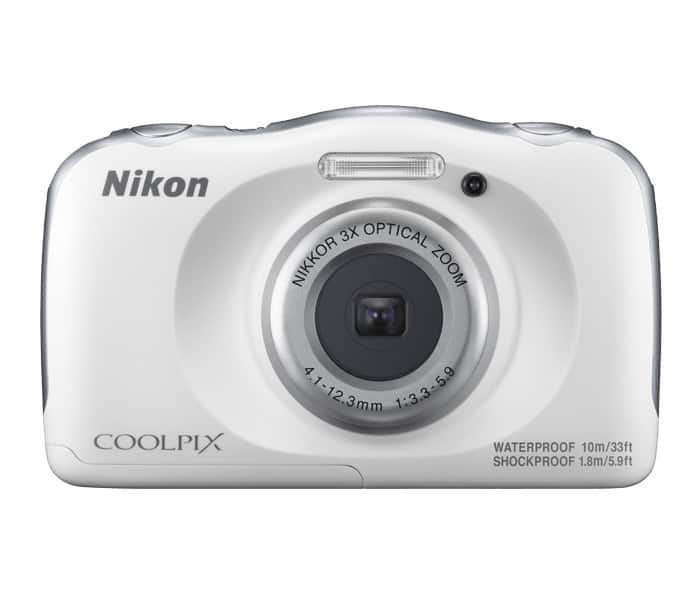 silver Nikon Coolpix W100 with white background