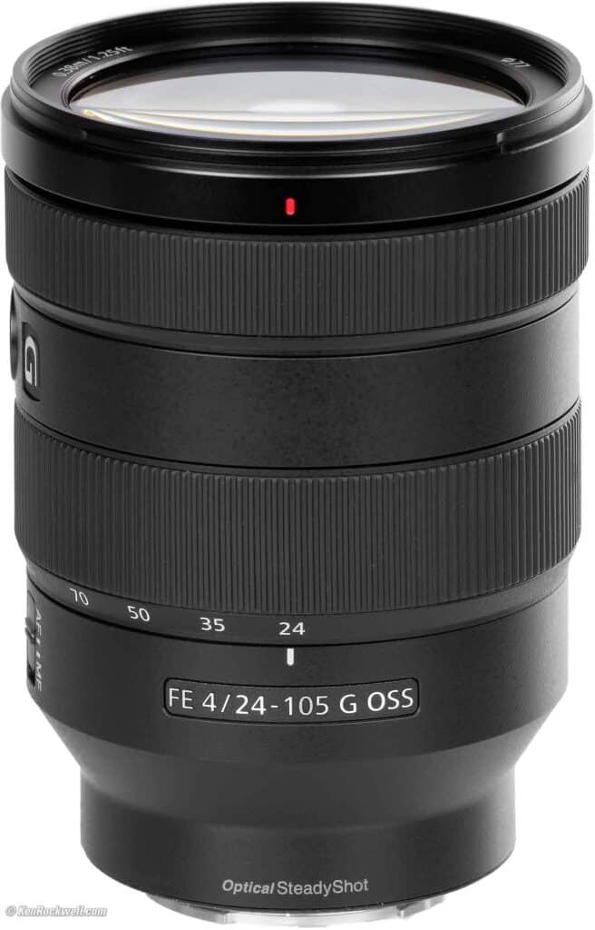 black Sony Fe 24-105Mm F/4 G OSS Lens with white background