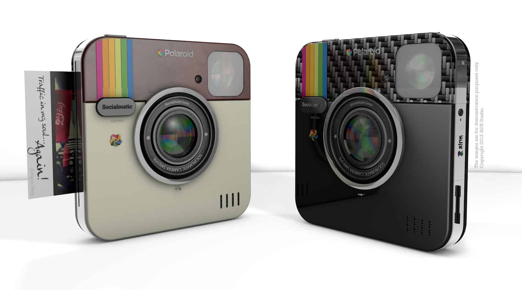 two polaroid socialmatic camera in a white background