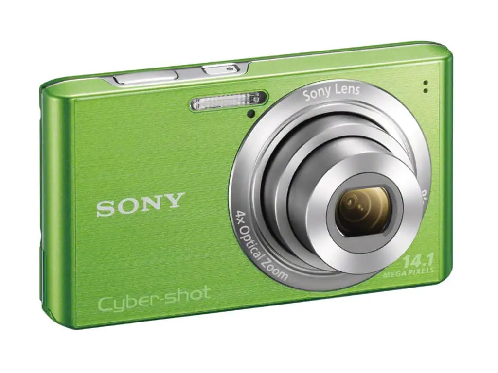green Sony Cybershot camera with white background