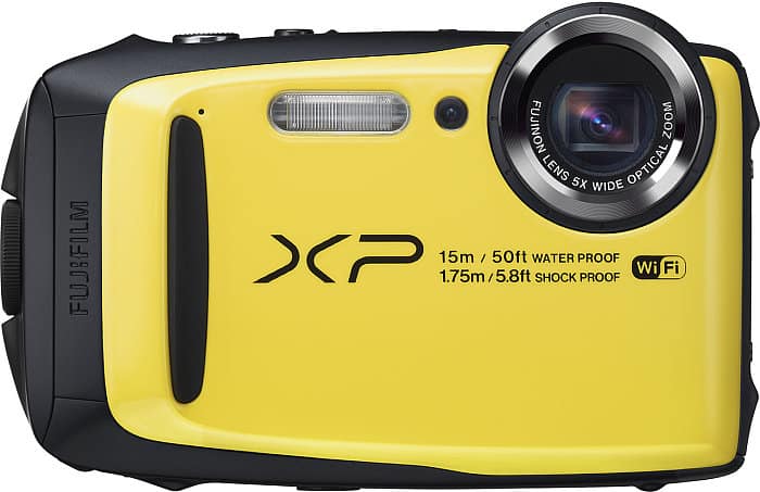 yellow Fujifilm Finepix XP90 camera with white background