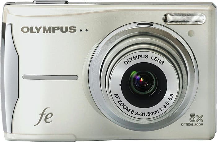 silver Olympus FE-46 camera with white background