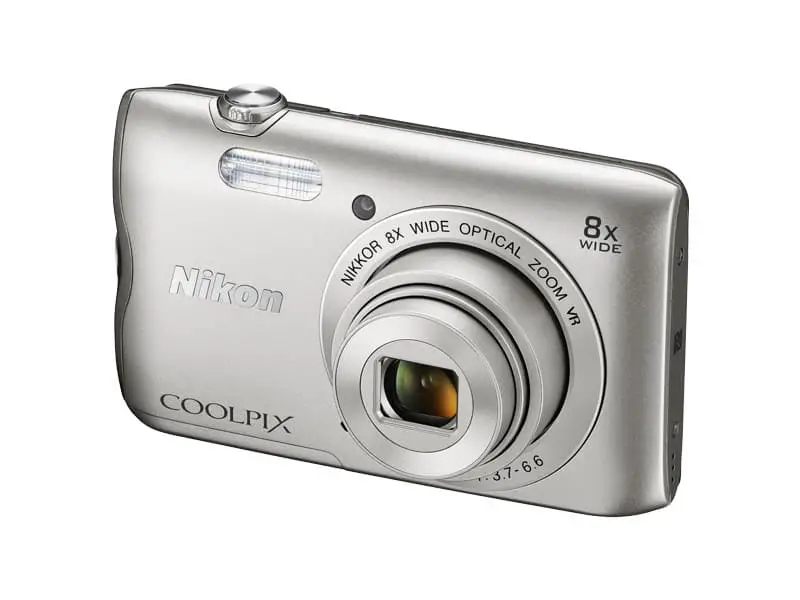 silver Nikon Coolpix A300 camera with white background