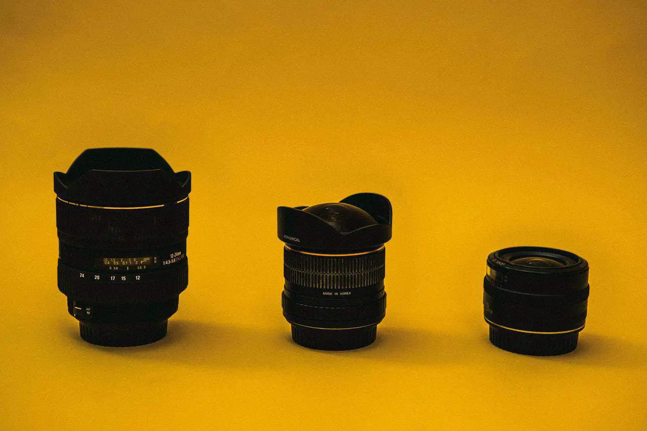 Camera lenses for Nikon with a mustard color background