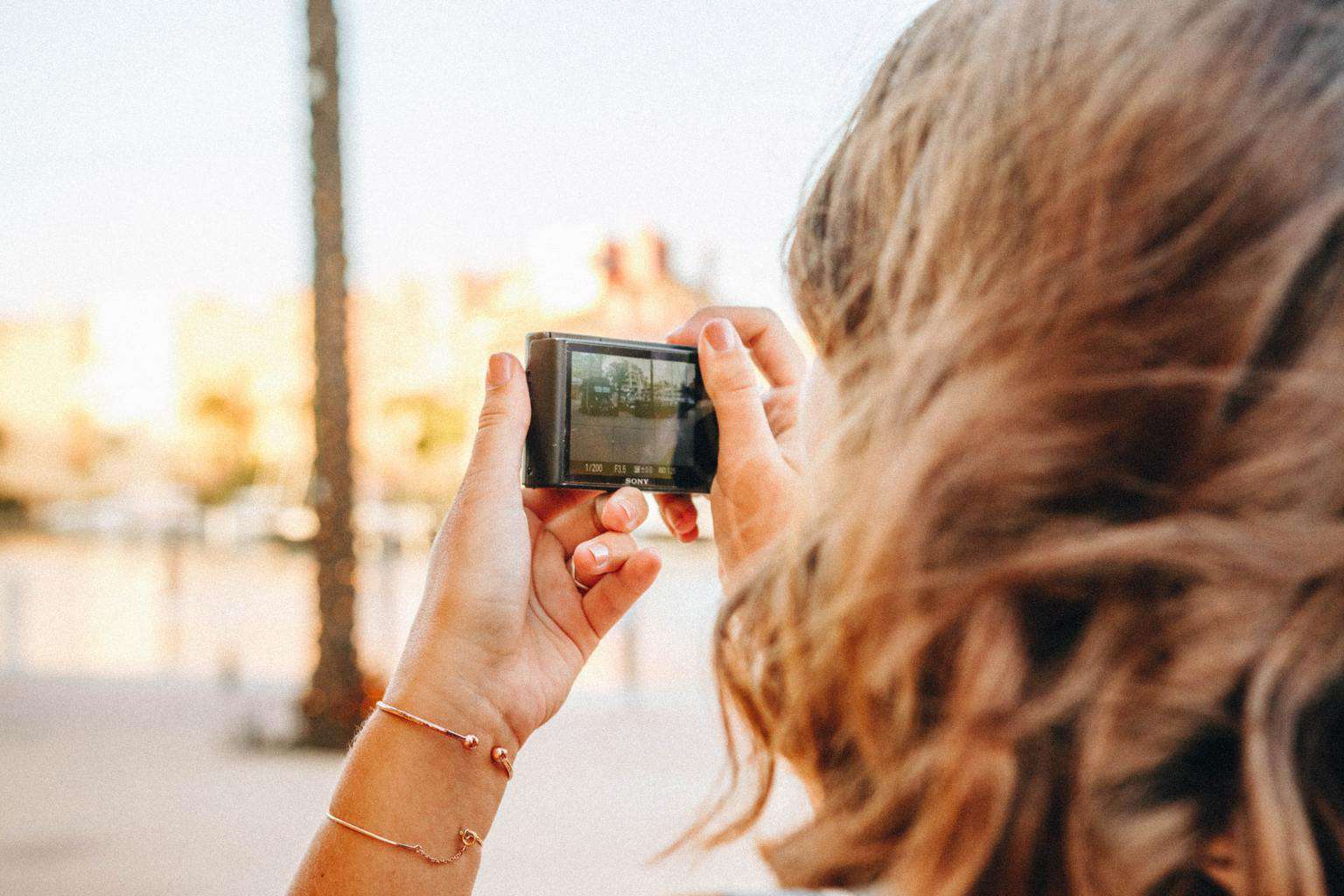 A woman using a digital camera to take a photo of a tree trunk