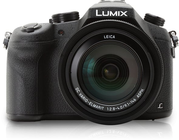 black Panasonic Lumix DMC-FZ1000 camera with white background
