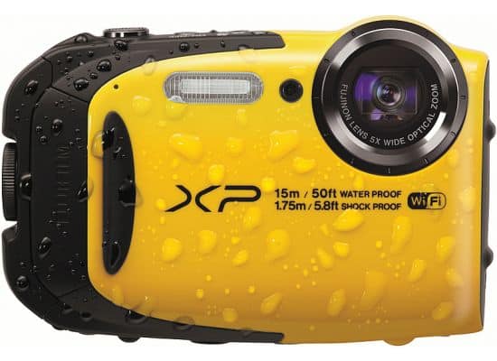 yellow Fujifilm Finepix XP80 camera with white background