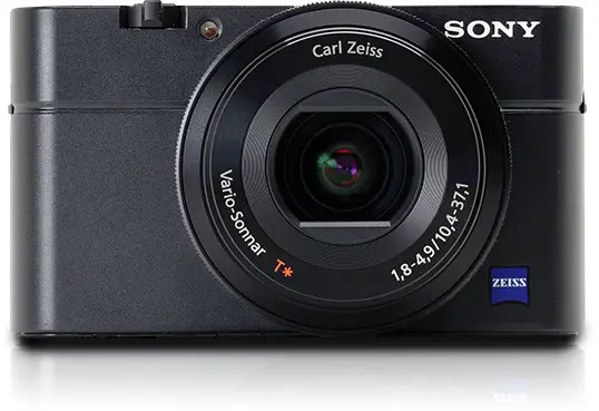 black Sony DSC-RX100 camera with white background
