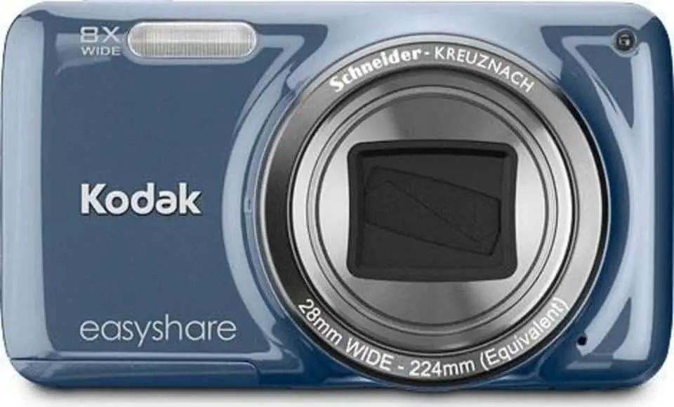 blue kodak camera with white background