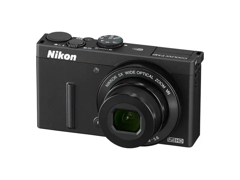 black Nikon Coolpix P340 camera with white background