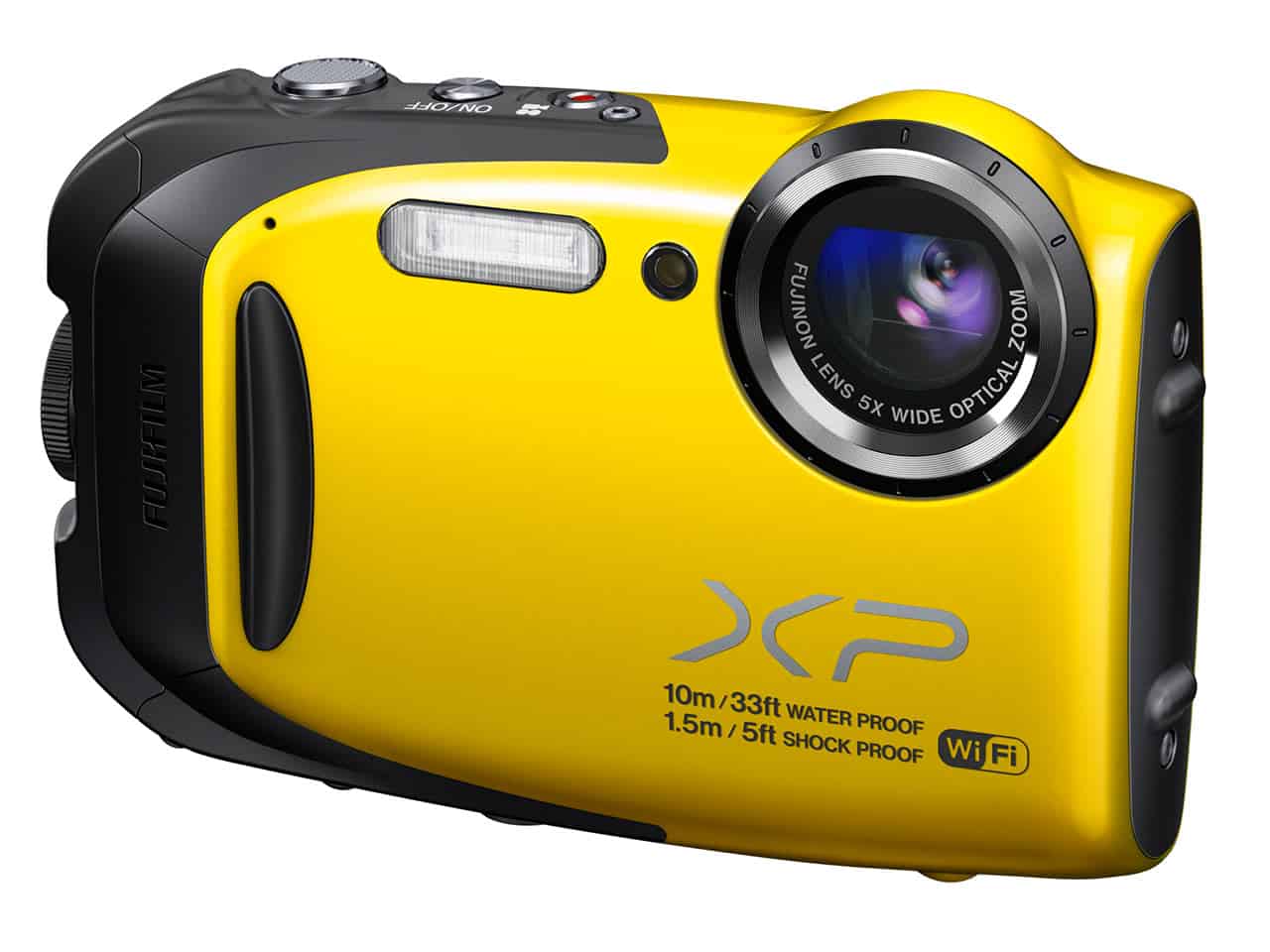 yellow Fujifilm Finepix XP120 camera with white background