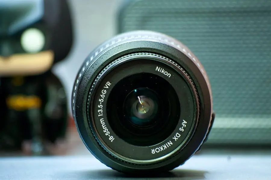 Black camera lens on gray surface