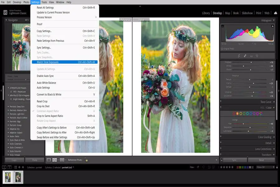Selecting the Match Total Exposures in a drop down menu in Lightroom