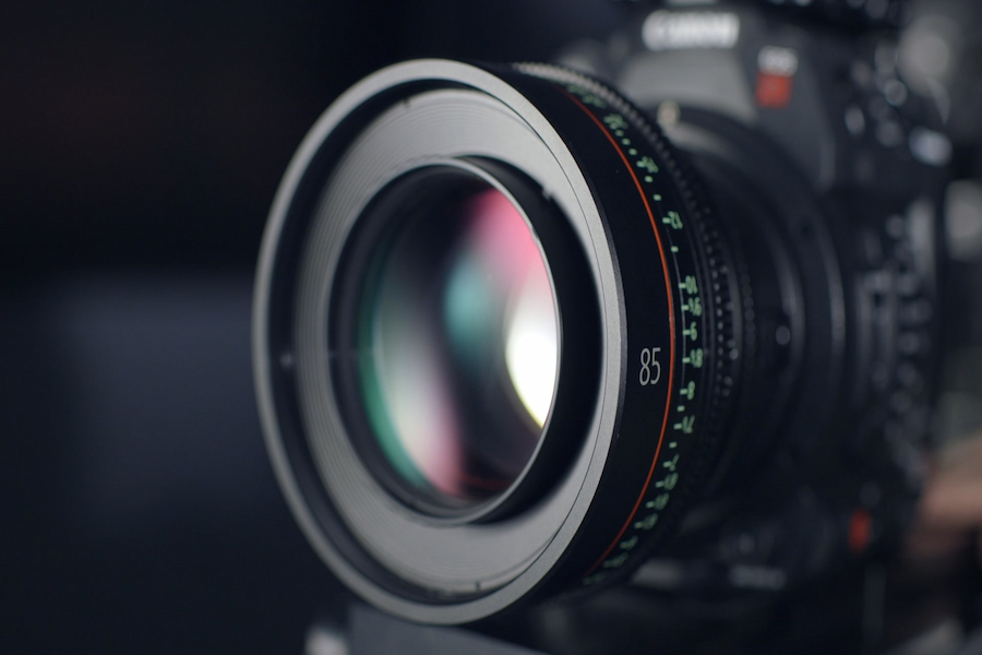 Black camera lens close up