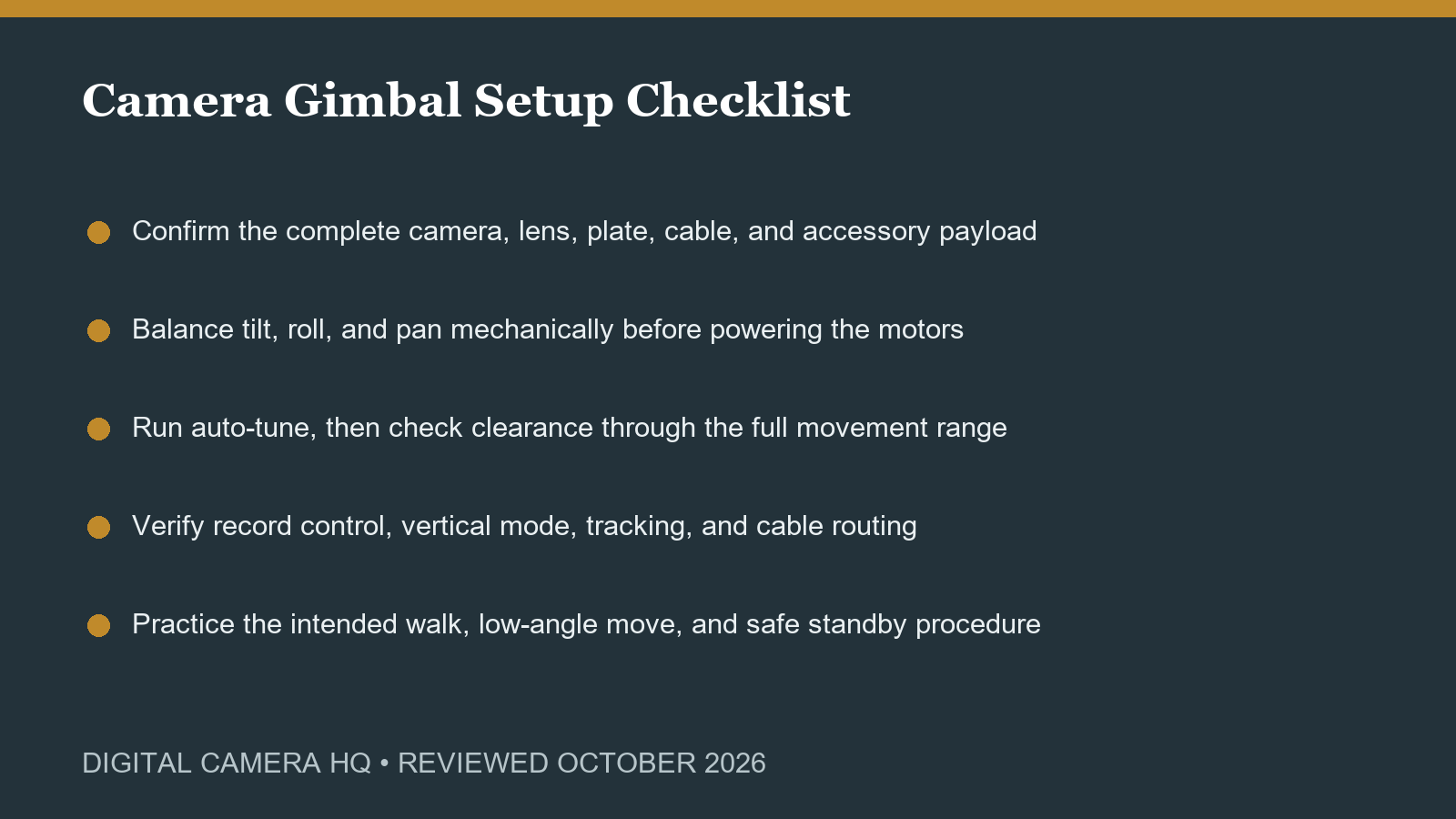 Camera gimbal balancing and setup checklist