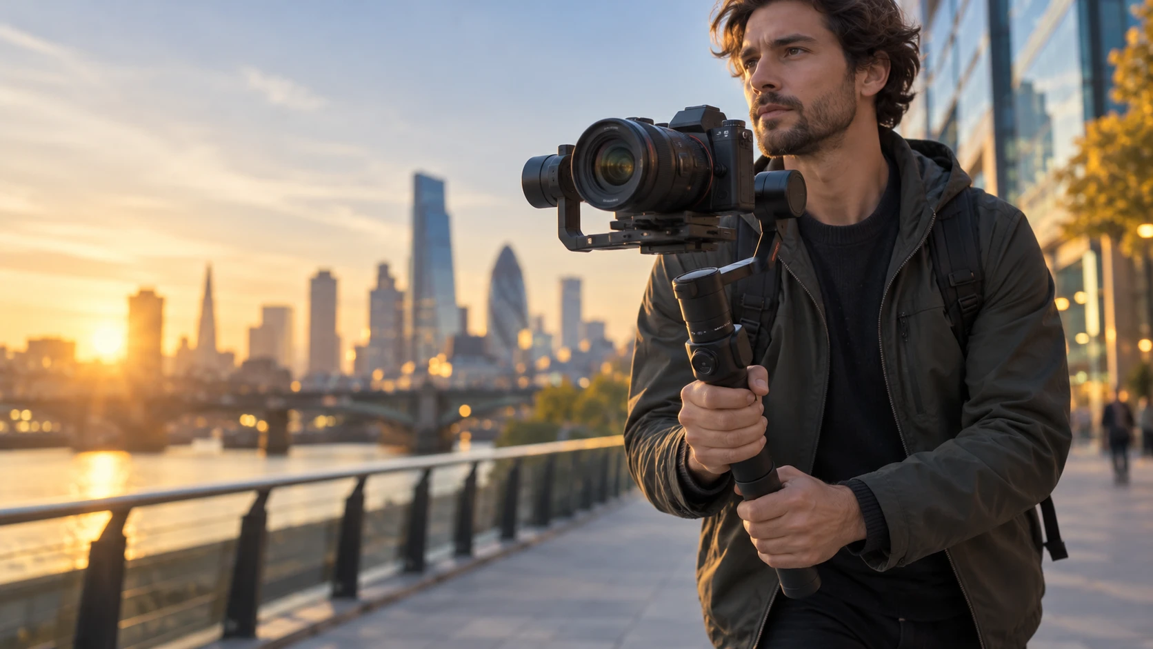 Camera operator using a three-axis camera gimbal stabilizer
