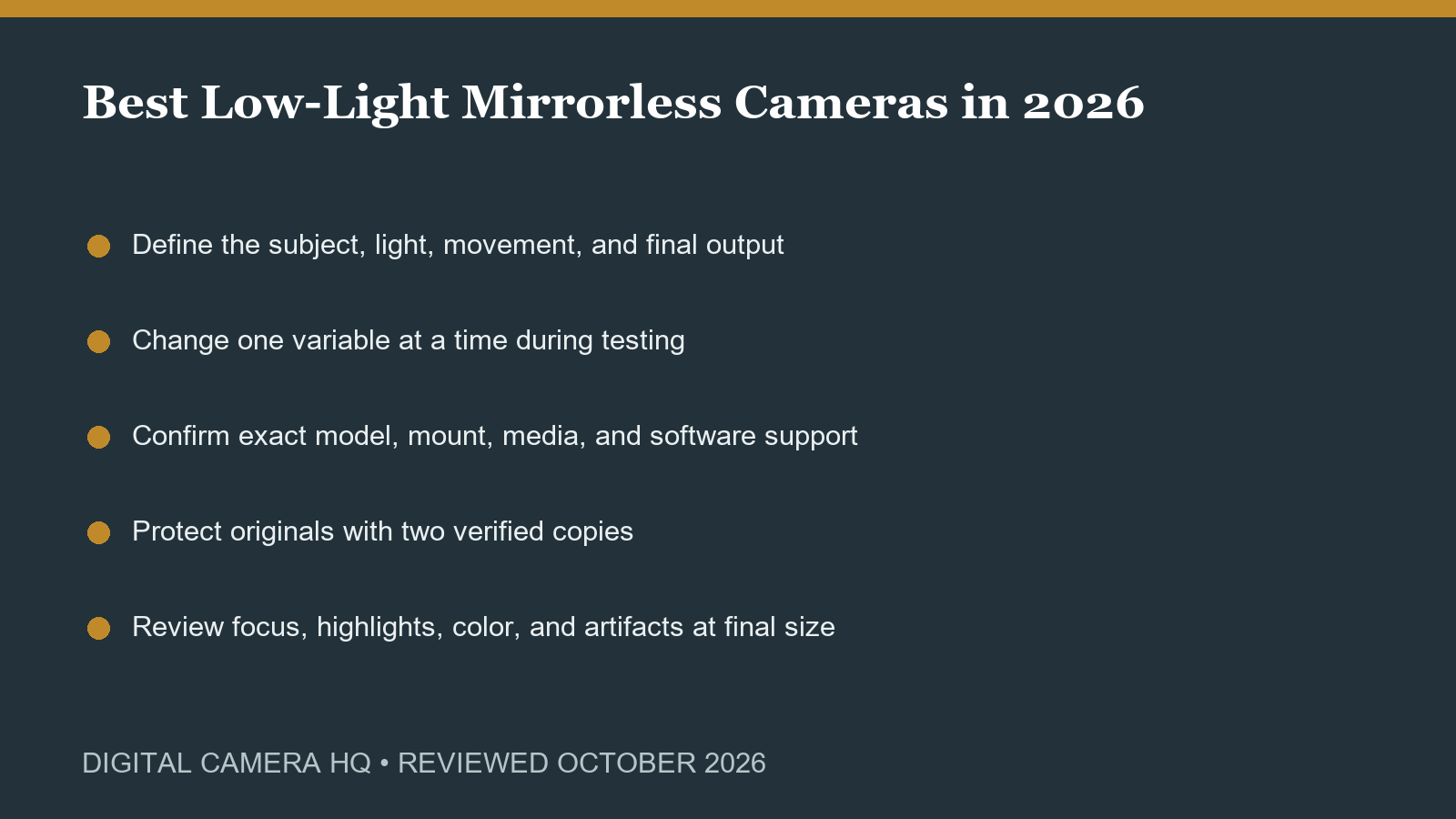 Best Low-Light Mirrorless Cameras in 2026 field checklist