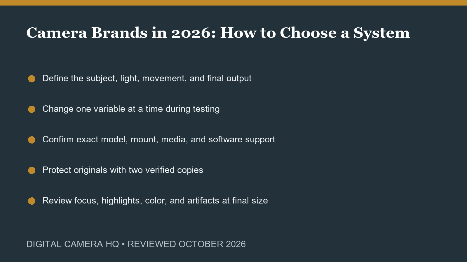 Camera Brands in 2026: How to Choose a System field checklist