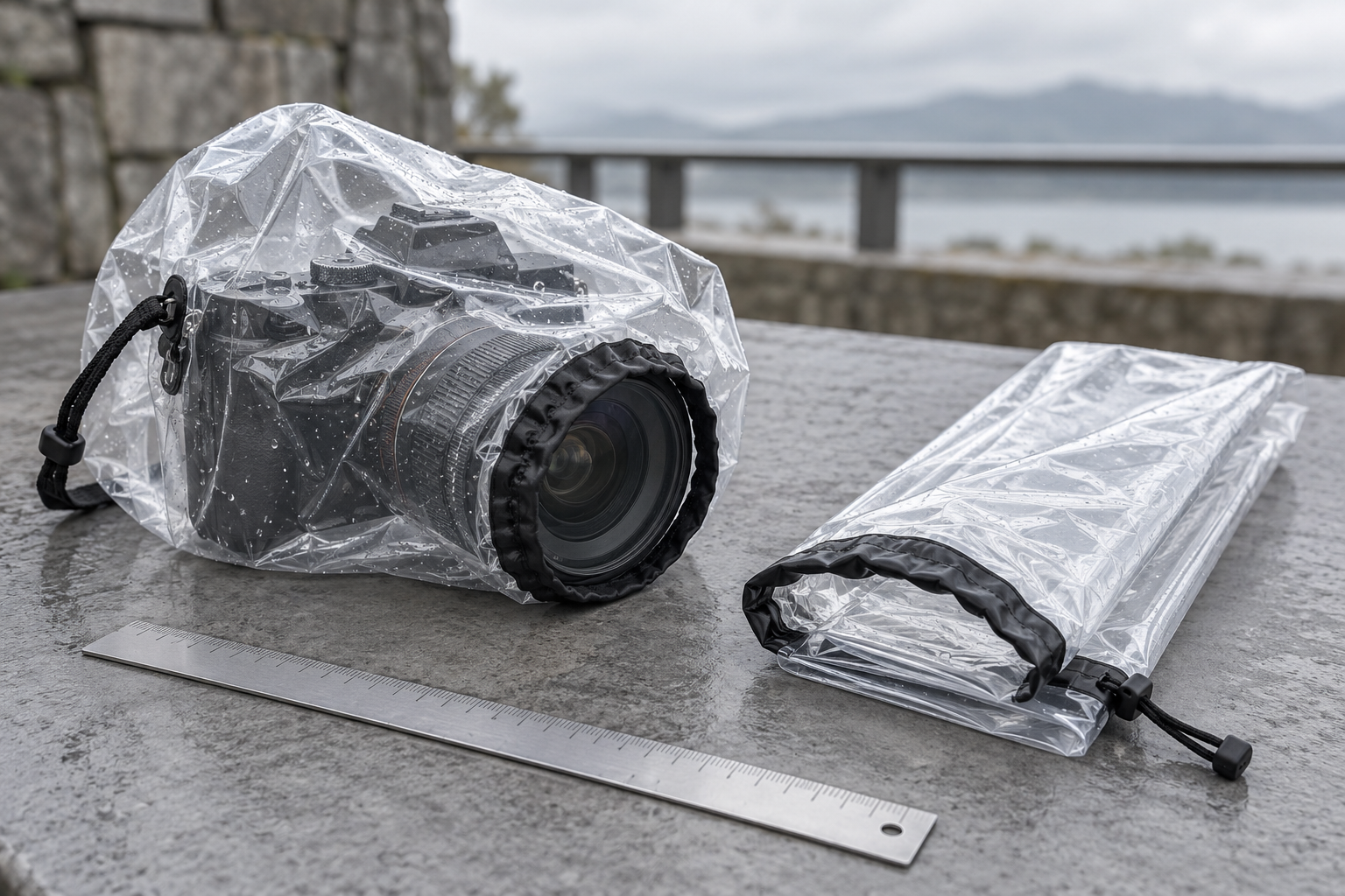 Unbranded camera under a clear protective sleeve with a second sleeve and ruler; illustrative equipment, not an exact product photograph