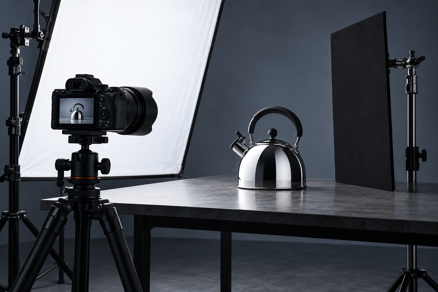 A camera on a tripod photographs a polished kettle between diffusion and dark reflection-control panels