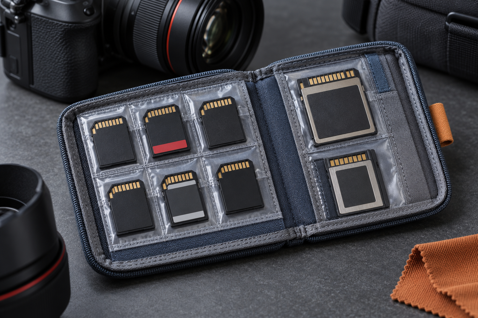 Open generic fabric memory-card wallet holding camera memory cards beside a camera